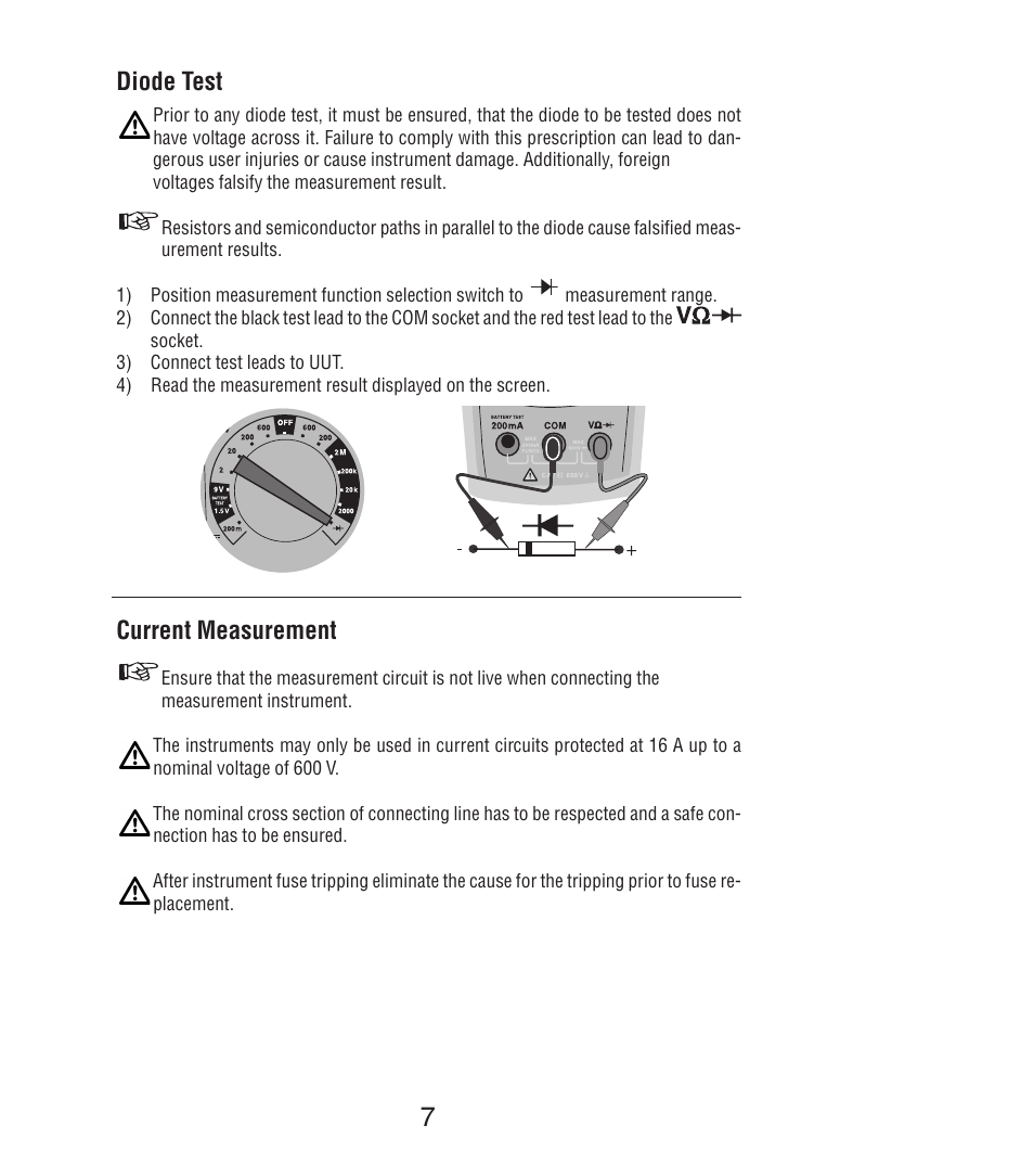 Diode test, Current measurement | Amprobe DM7C Digital-Multimeter User Manual | Page 9 / 76