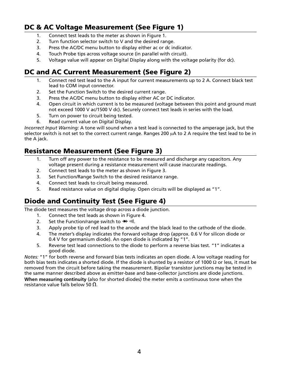 Dc & ac voltage measurement (see figure 1), Dc and ac current measurement (see figure 2), Resistance measurement (see figure 3) | Diode and continuity test (see figure 4) | Amprobe HD110C Digital-Multimeter User Manual | Page 10 / 90