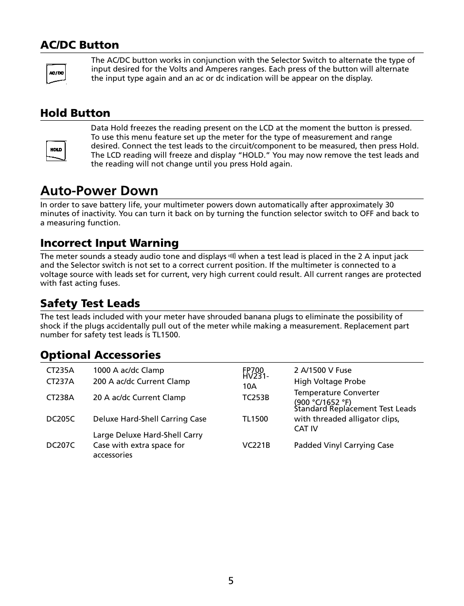 Auto-power down, Ac/dc button, Hold button | Incorrect input warning, Safety test leads, Optional accessories | Amprobe HD110C Digital-Multimeter User Manual | Page 11 / 90
