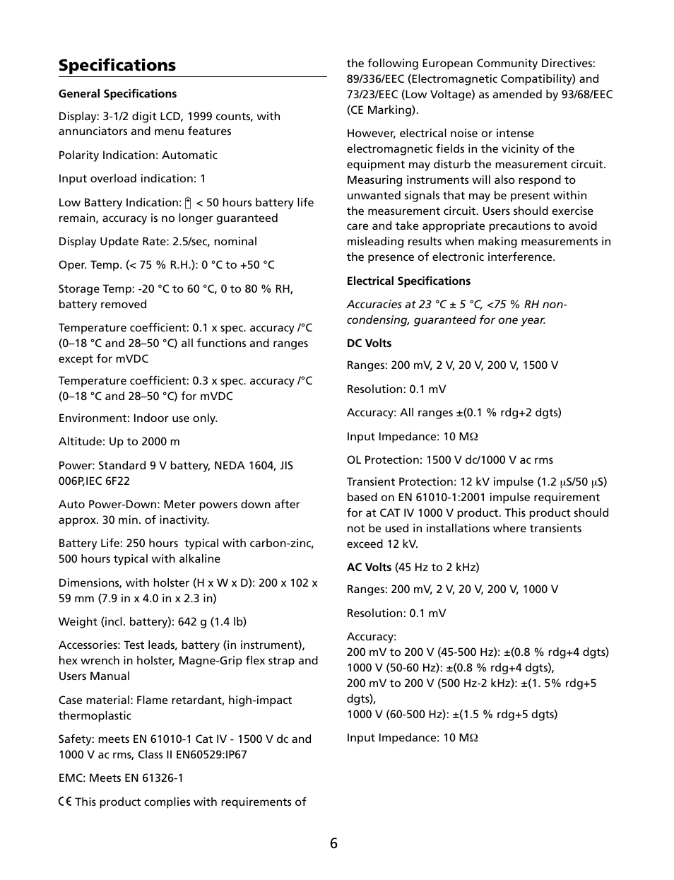 Specifications | Amprobe HD110C Digital-Multimeter User Manual | Page 12 / 90