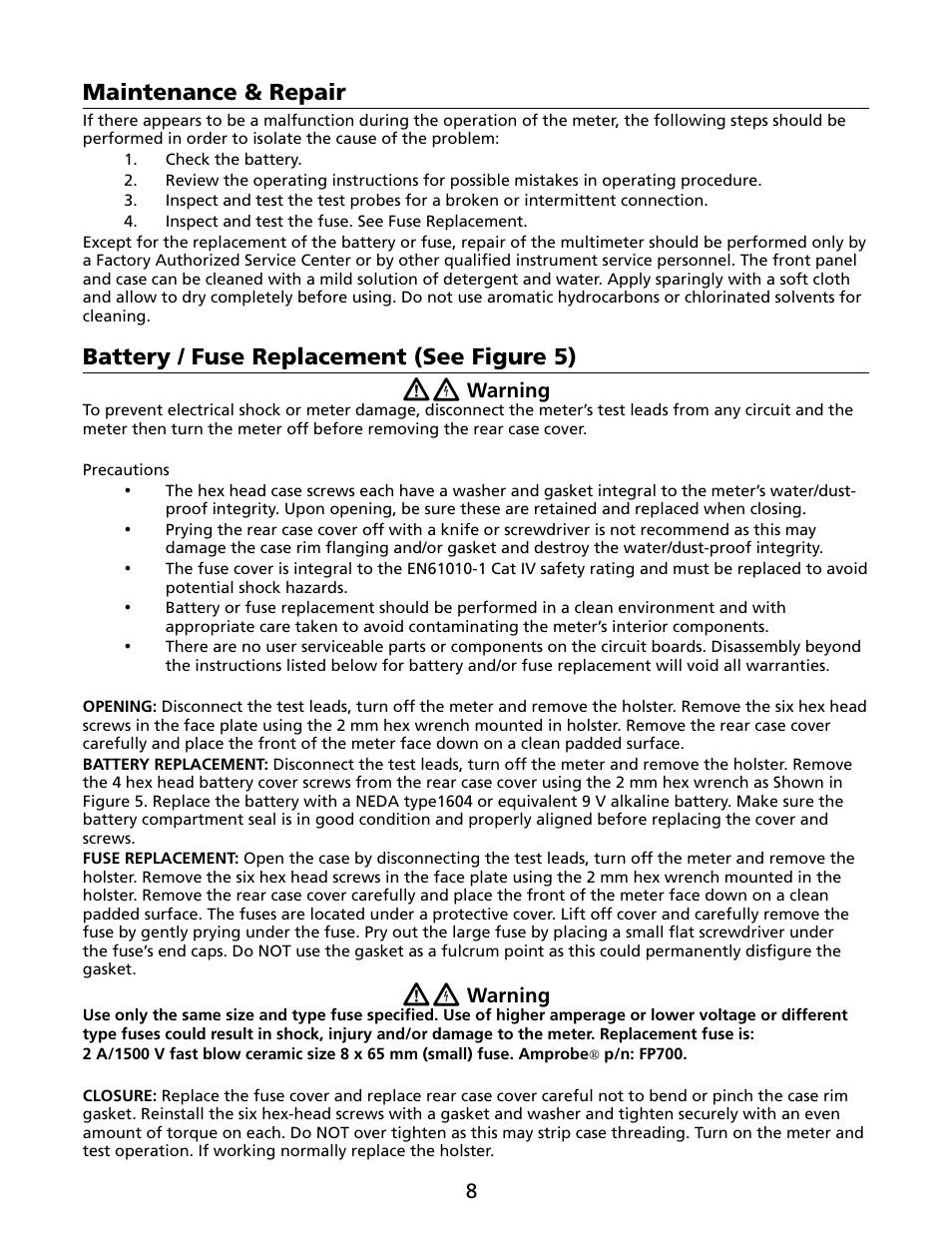 Maintenance & repair, Battery / fuse replacement (see figure 5) | Amprobe HD110C Digital-Multimeter User Manual | Page 14 / 90