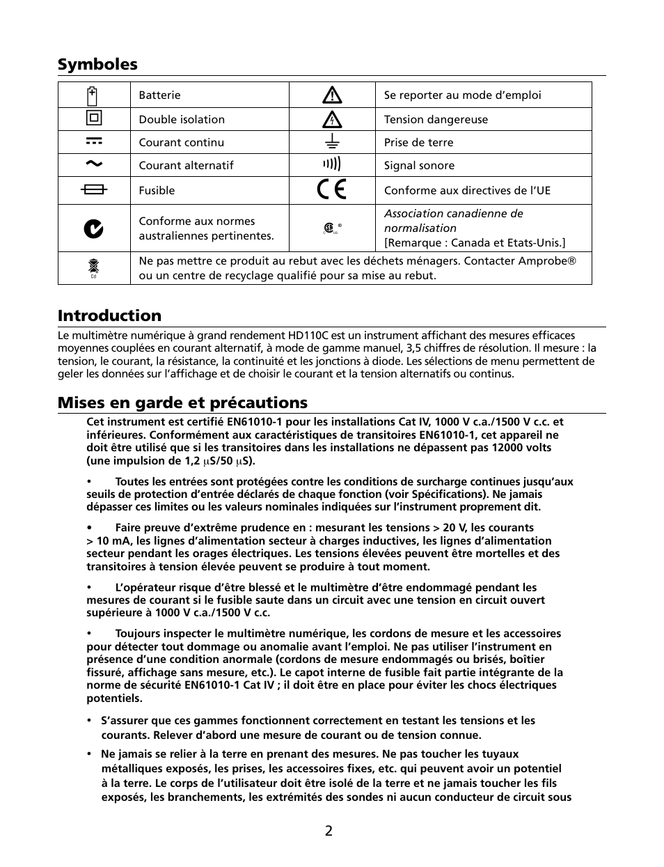 Symboles, Introduction, Mises en garde et précautions | Amprobe HD110C Digital-Multimeter User Manual | Page 22 / 90