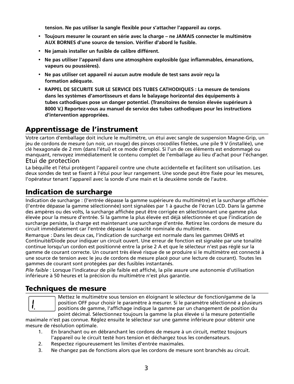 Apprentissage de l’instrument, Indication de surcharge, Techniques de mesure | Amprobe HD110C Digital-Multimeter User Manual | Page 23 / 90