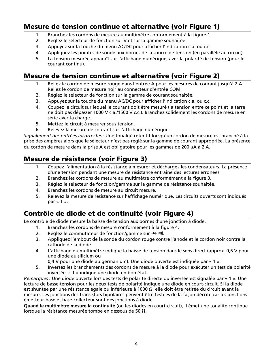 Mesure de résistance (voir figure 3), Contrôle de diode et de continuité (voir figure 4) | Amprobe HD110C Digital-Multimeter User Manual | Page 24 / 90