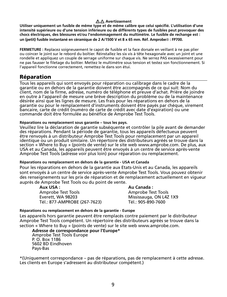 Réparation | Amprobe HD110C Digital-Multimeter User Manual | Page 29 / 90