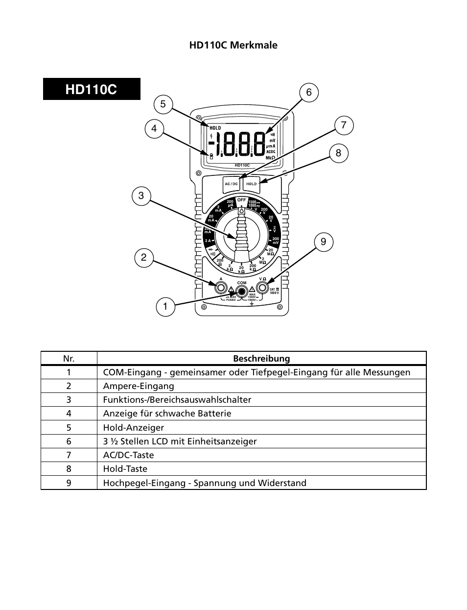Hd110c, Hd110c merkmale | Amprobe HD110C Digital-Multimeter User Manual | Page 34 / 90