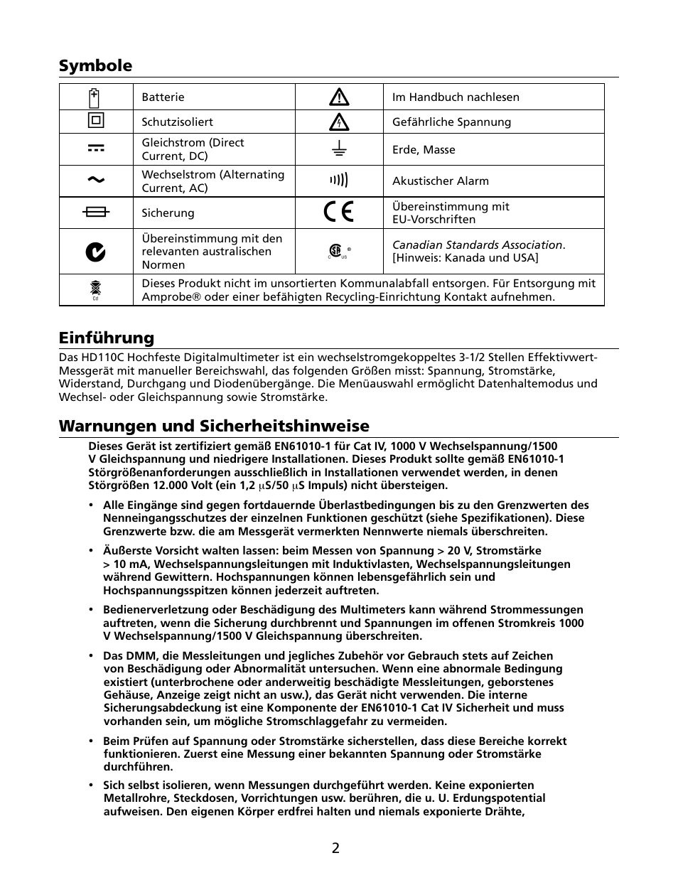 Symbole, Einführung, Warnungen und sicherheitshinweise | Amprobe HD110C Digital-Multimeter User Manual | Page 36 / 90