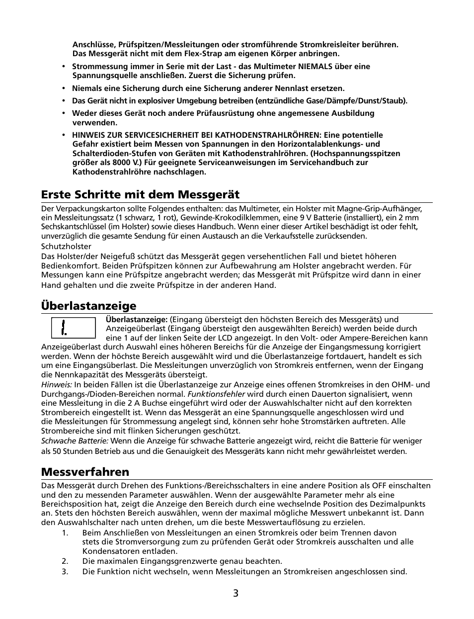 Erste schritte mit dem messgerät, Überlastanzeige, Messverfahren | Amprobe HD110C Digital-Multimeter User Manual | Page 37 / 90