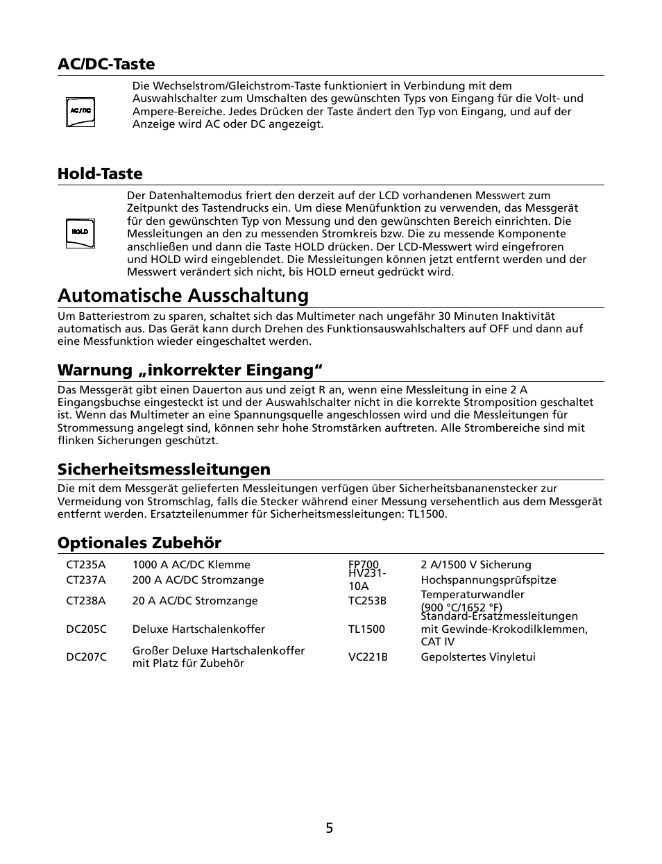 Automatische ausschaltung, Ac/dc-taste, Hold-taste | Warnung „inkorrekter eingang, Sicherheitsmessleitungen, Optionales zubehör | Amprobe HD110C Digital-Multimeter User Manual | Page 39 / 90