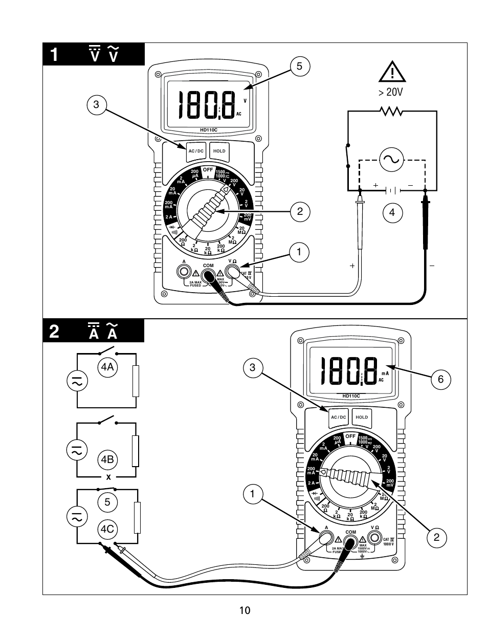 Va a, 20v 4 | Amprobe HD110C Digital-Multimeter User Manual | Page 44 / 90