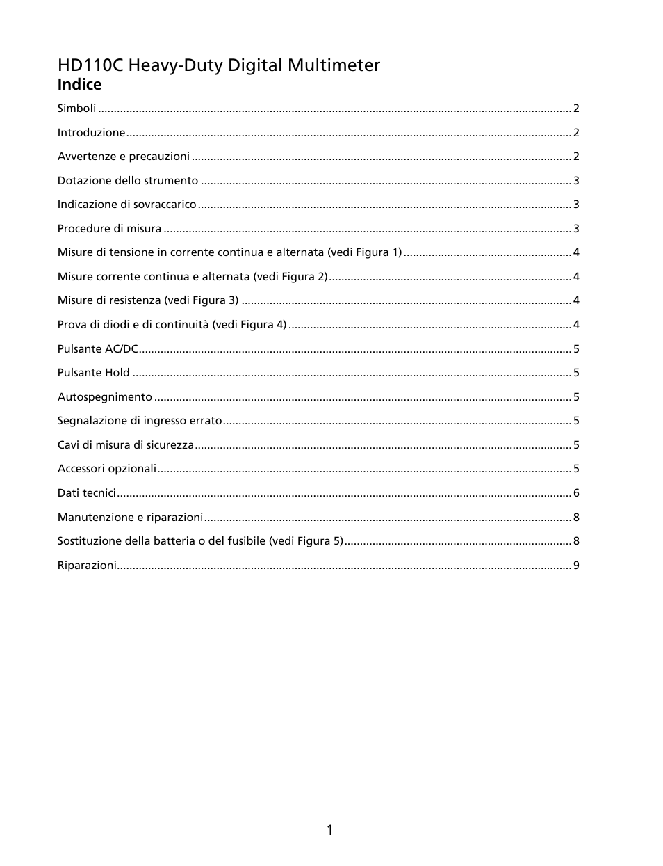 Hd110c heavy-duty digital multimeter, Indice | Amprobe HD110C Digital-Multimeter User Manual | Page 49 / 90