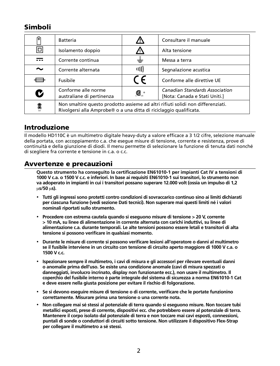 Simboli, Introduzione, Avvertenze e precauzioni | Amprobe HD110C Digital-Multimeter User Manual | Page 50 / 90