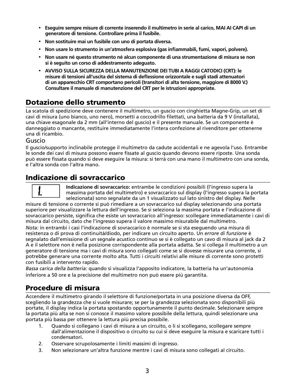 Dotazione dello strumento, Indicazione di sovraccarico, Procedure di misura | Amprobe HD110C Digital-Multimeter User Manual | Page 51 / 90
