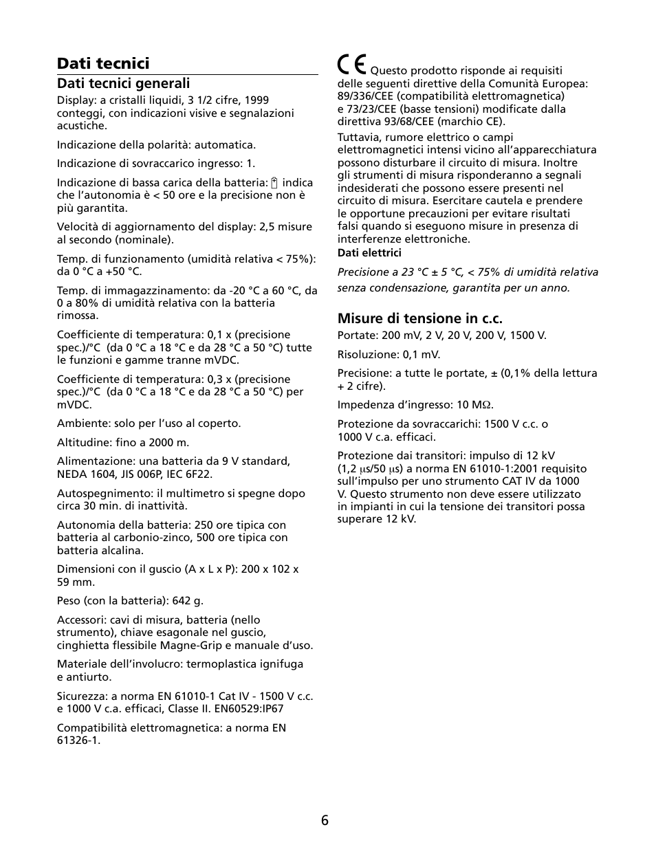 Dati tecnici | Amprobe HD110C Digital-Multimeter User Manual | Page 54 / 90