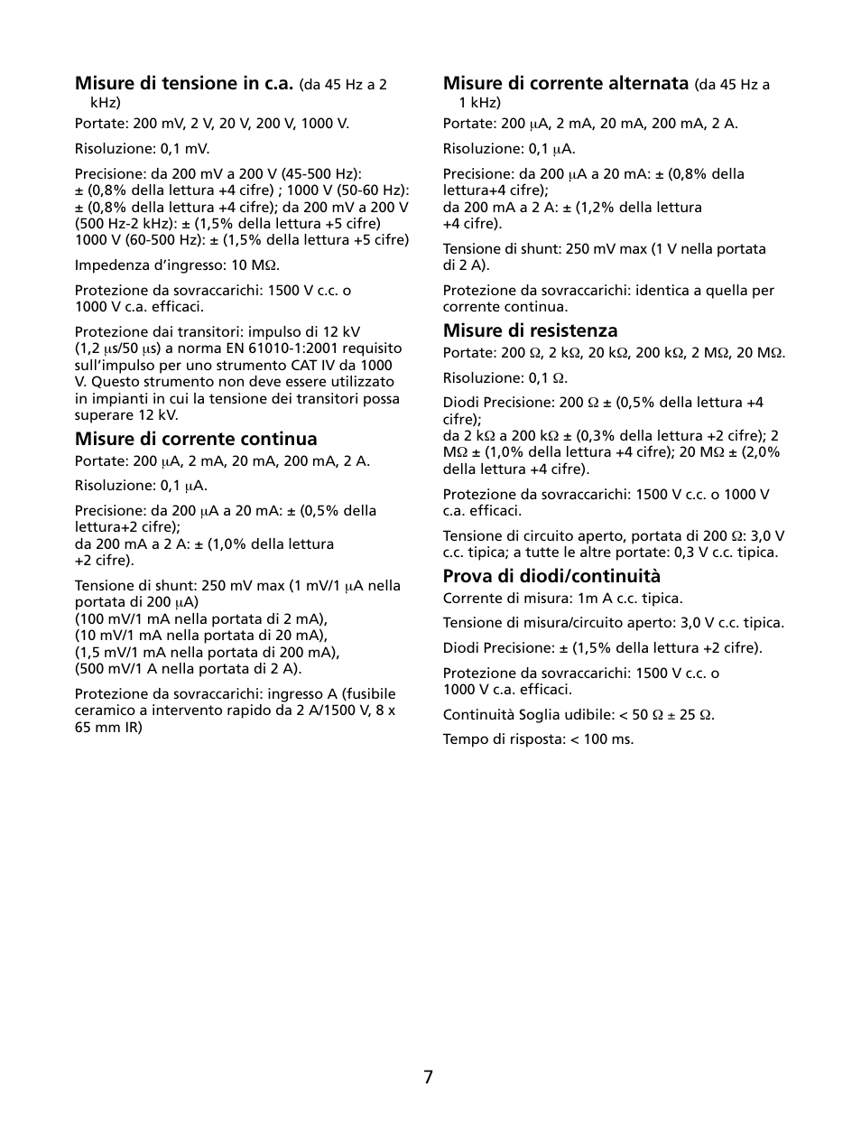 7misure di tensione in c.a, Misure di corrente continua, Misure di corrente alternata | Misure di resistenza, Prova di diodi/continuità | Amprobe HD110C Digital-Multimeter User Manual | Page 55 / 90