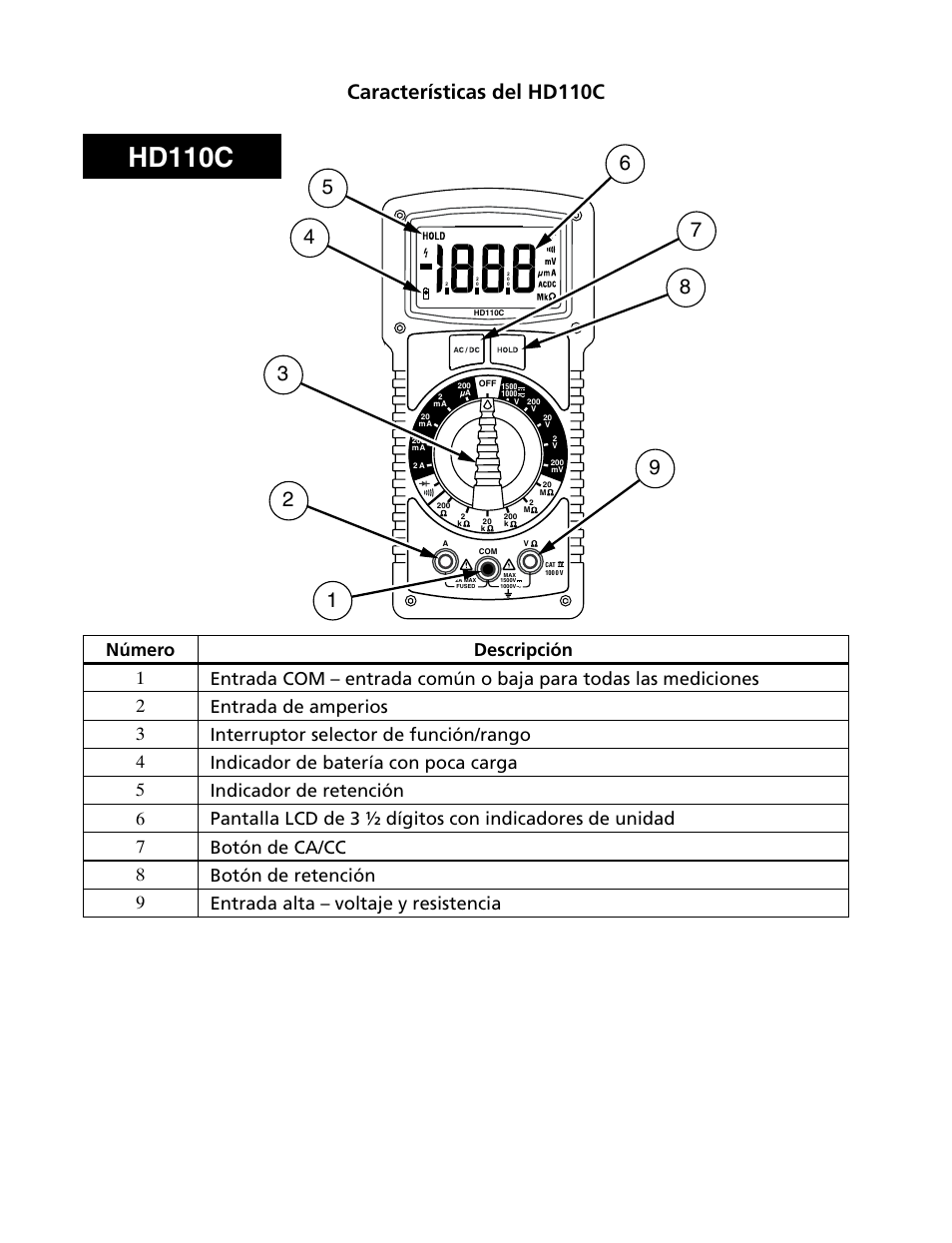 Hd110c, Características del hd110c | Amprobe HD110C Digital-Multimeter User Manual | Page 62 / 90