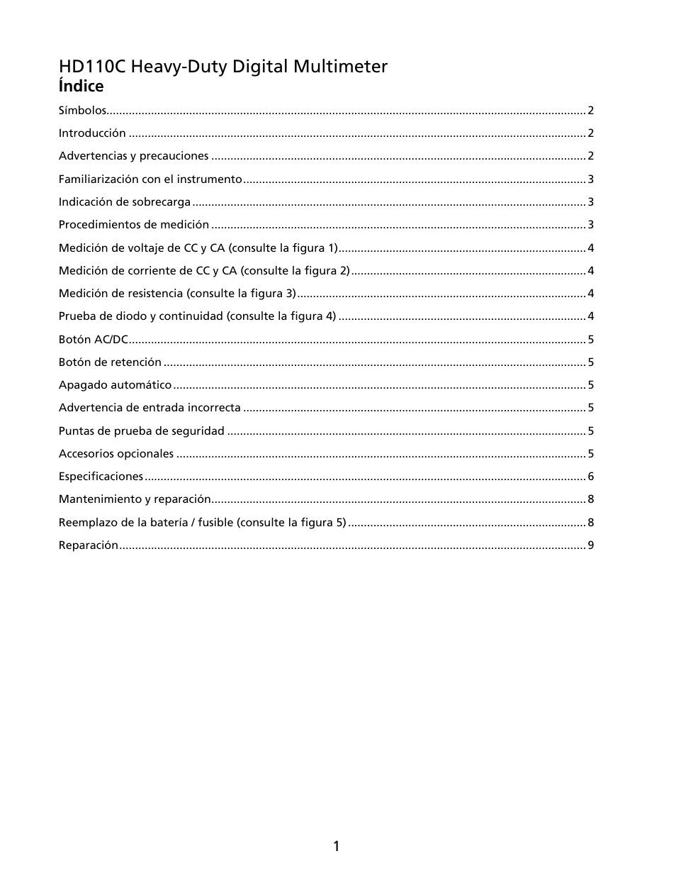 Hd110c heavy-duty digital multimeter, Índice | Amprobe HD110C Digital-Multimeter User Manual | Page 63 / 90