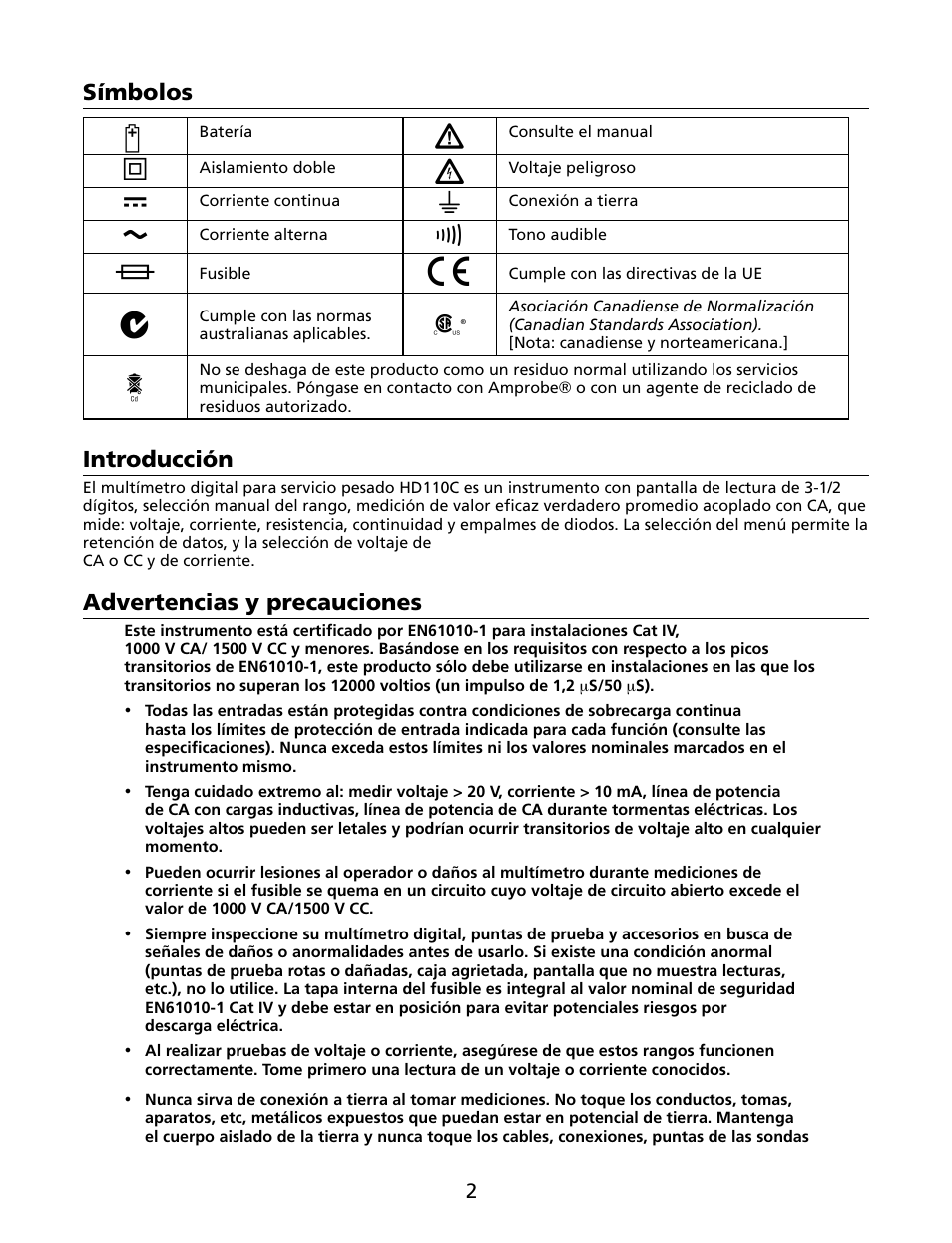 Símbolos, Introducción, Advertencias y precauciones | Amprobe HD110C Digital-Multimeter User Manual | Page 64 / 90