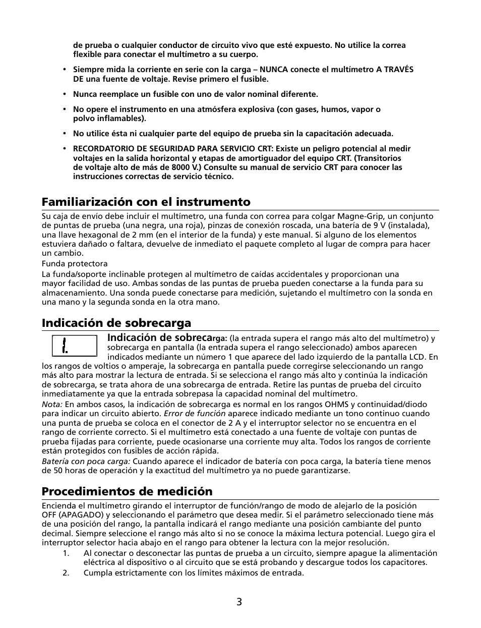 Familiarización con el instrumento, Indicación de sobrecarga, Procedimientos de medición | Amprobe HD110C Digital-Multimeter User Manual | Page 65 / 90