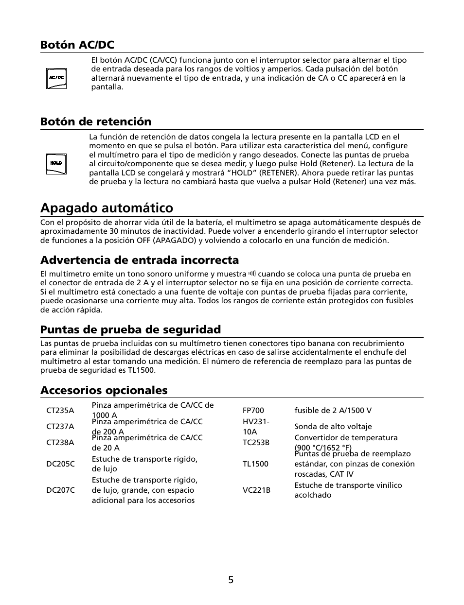 Apagado automático, Botón ac/dc, Botón de retención | Advertencia de entrada incorrecta, Puntas de prueba de seguridad, Accesorios opcionales | Amprobe HD110C Digital-Multimeter User Manual | Page 67 / 90