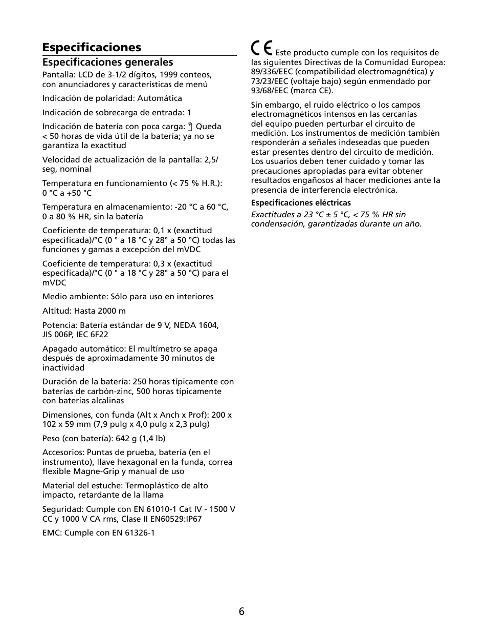 Especificaciones | Amprobe HD110C Digital-Multimeter User Manual | Page 68 / 90