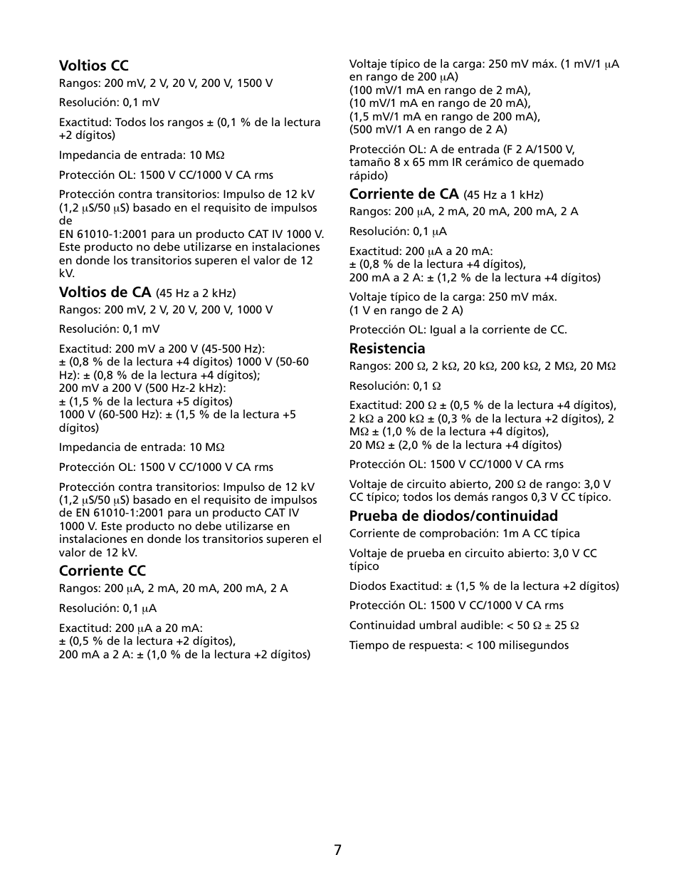 7voltios cc, Voltios de ca, Corriente cc | Corriente de ca, Resistencia, Prueba de diodos/continuidad | Amprobe HD110C Digital-Multimeter User Manual | Page 69 / 90