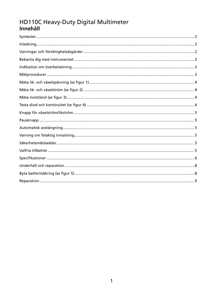 Hd110c heavy-duty digital multimeter, Innehåll | Amprobe HD110C Digital-Multimeter User Manual | Page 77 / 90