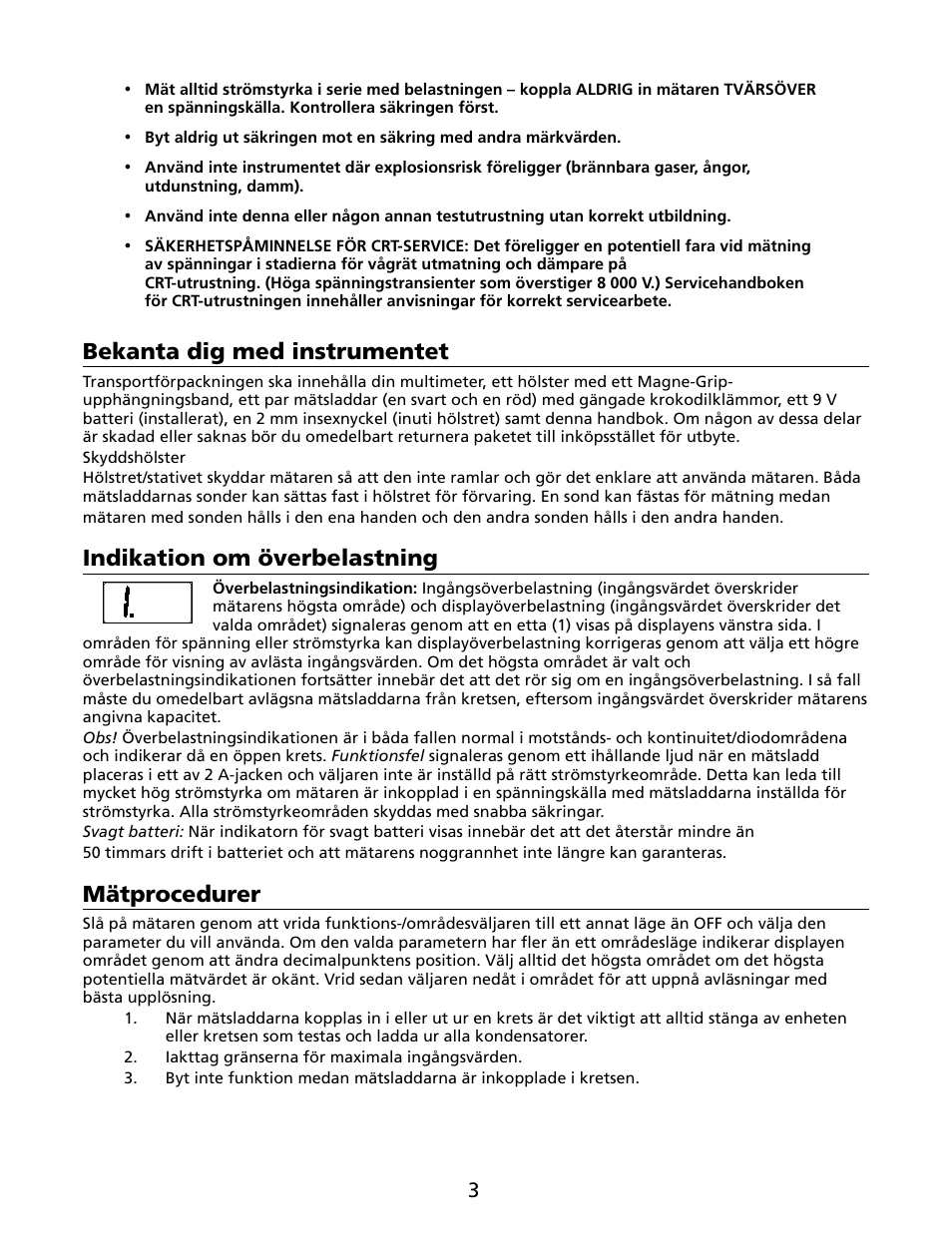 Bekanta dig med instrumentet, Indikation om överbelastning, Mätprocedurer | Amprobe HD110C Digital-Multimeter User Manual | Page 79 / 90