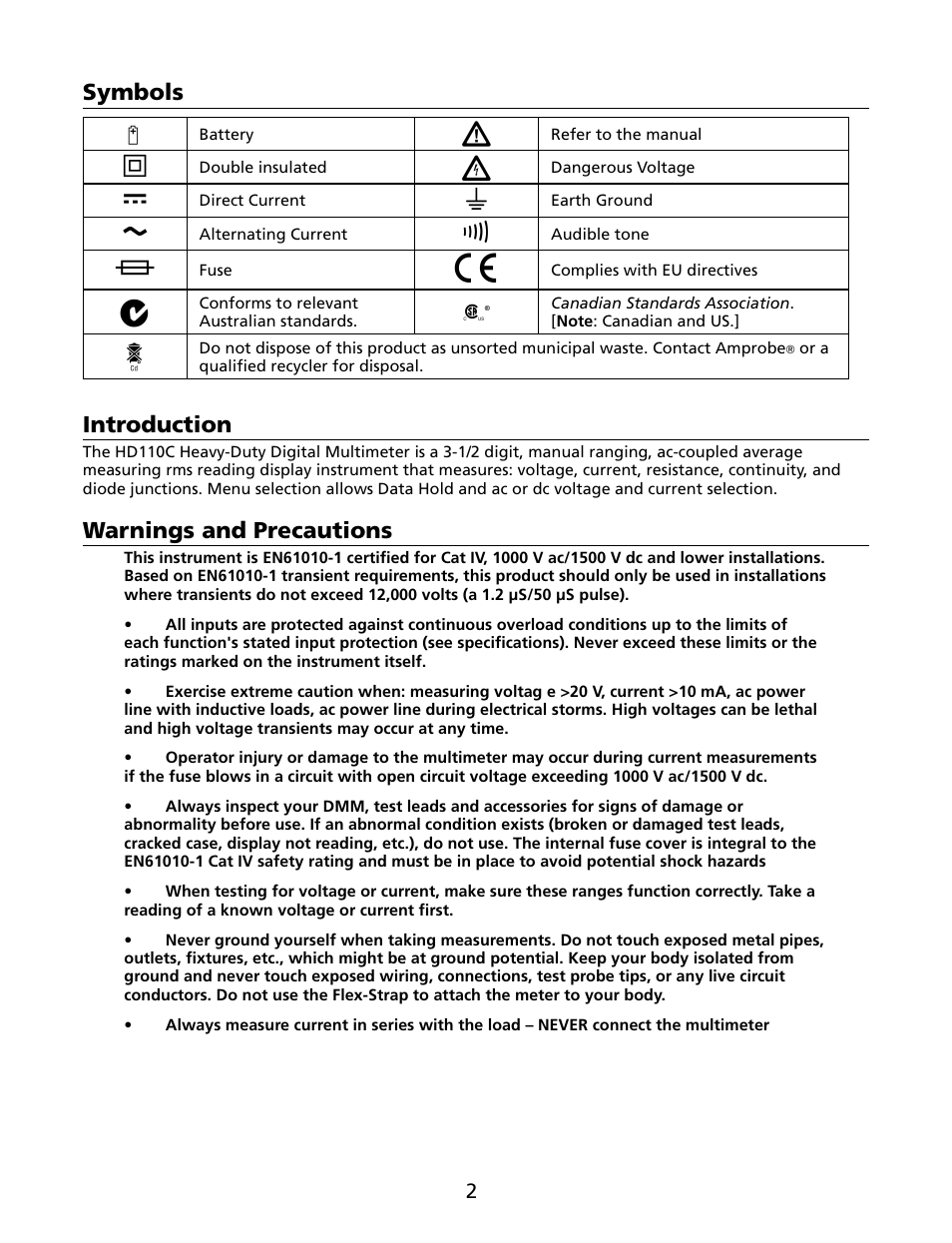 Symbols, Introduction, Warnings and precautions | Amprobe HD110C Digital-Multimeter User Manual | Page 8 / 90