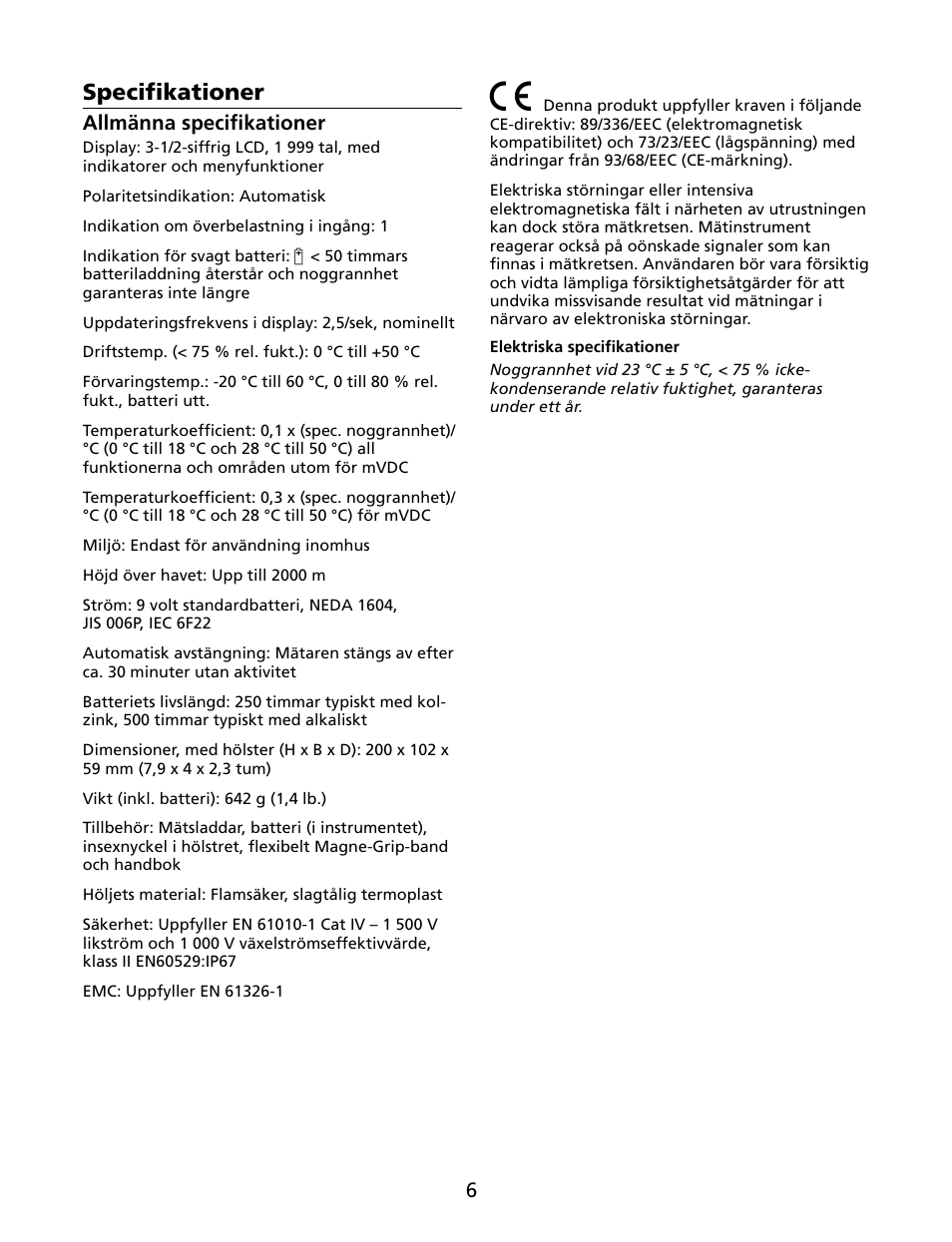 Specifikationer | Amprobe HD110C Digital-Multimeter User Manual | Page 82 / 90