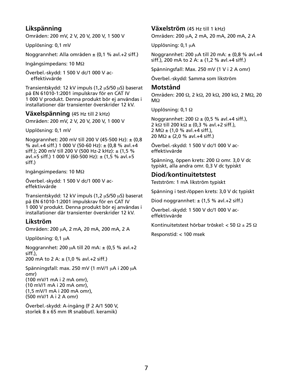 7likspänning, Växelspänning, Likström | Växelström, Motstånd, Diod/kontinuitetstest | Amprobe HD110C Digital-Multimeter User Manual | Page 83 / 90