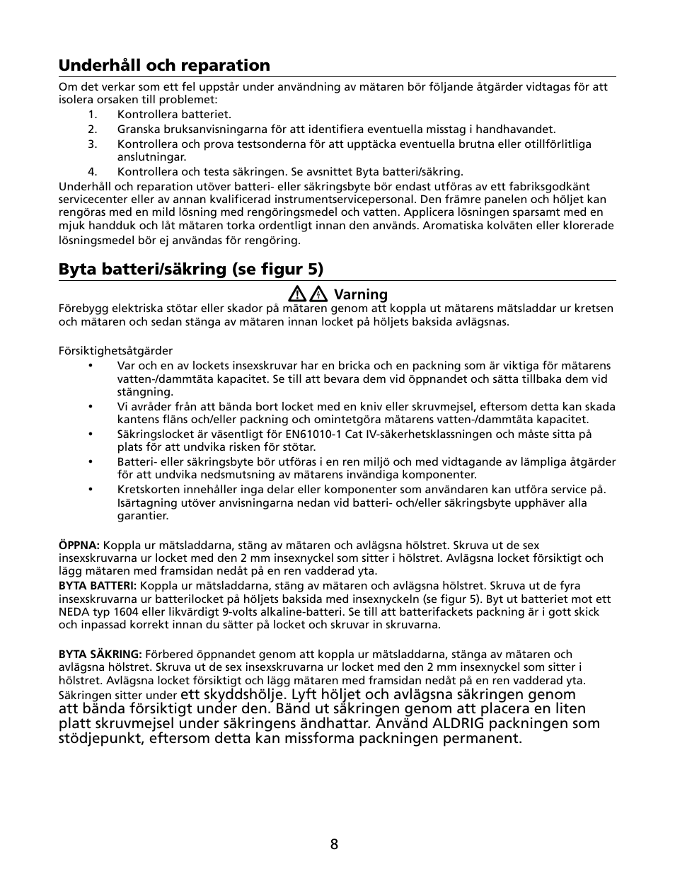 Underhåll och reparation, Byta batteri/säkring (se figur 5) | Amprobe HD110C Digital-Multimeter User Manual | Page 84 / 90
