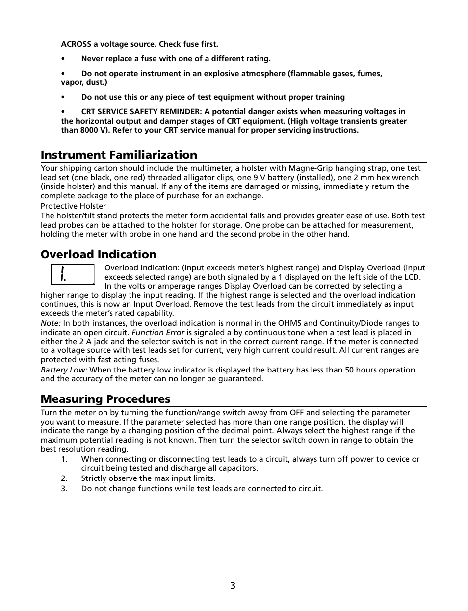 Instrument familiarization, Overload indication, Measuring procedures | Amprobe HD110C Digital-Multimeter User Manual | Page 9 / 90