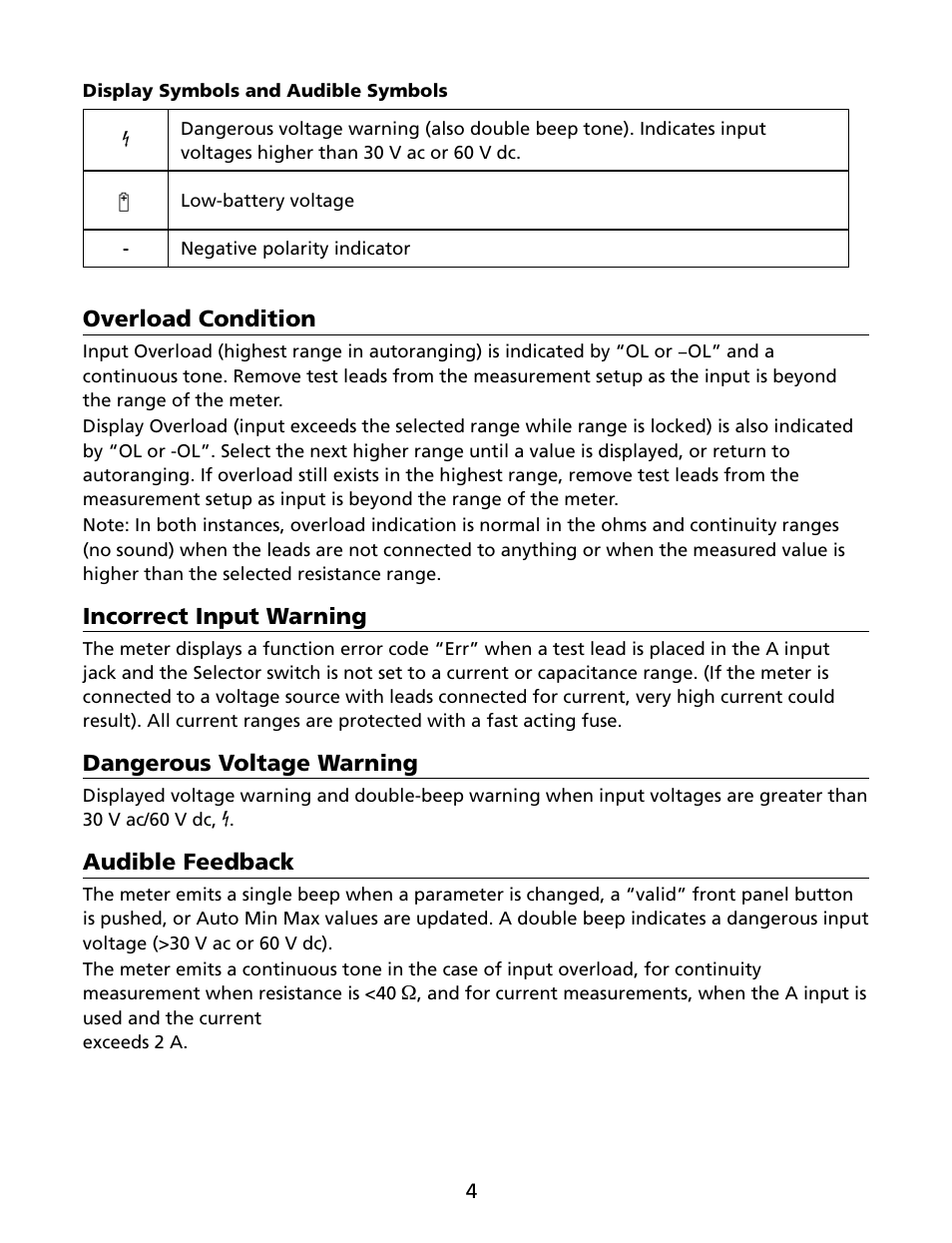 Overload condition, Incorrect input warning, Dangerous voltage warning | Audible feedback | Amprobe HD160C Digital-Multimeter User Manual | Page 10 / 148