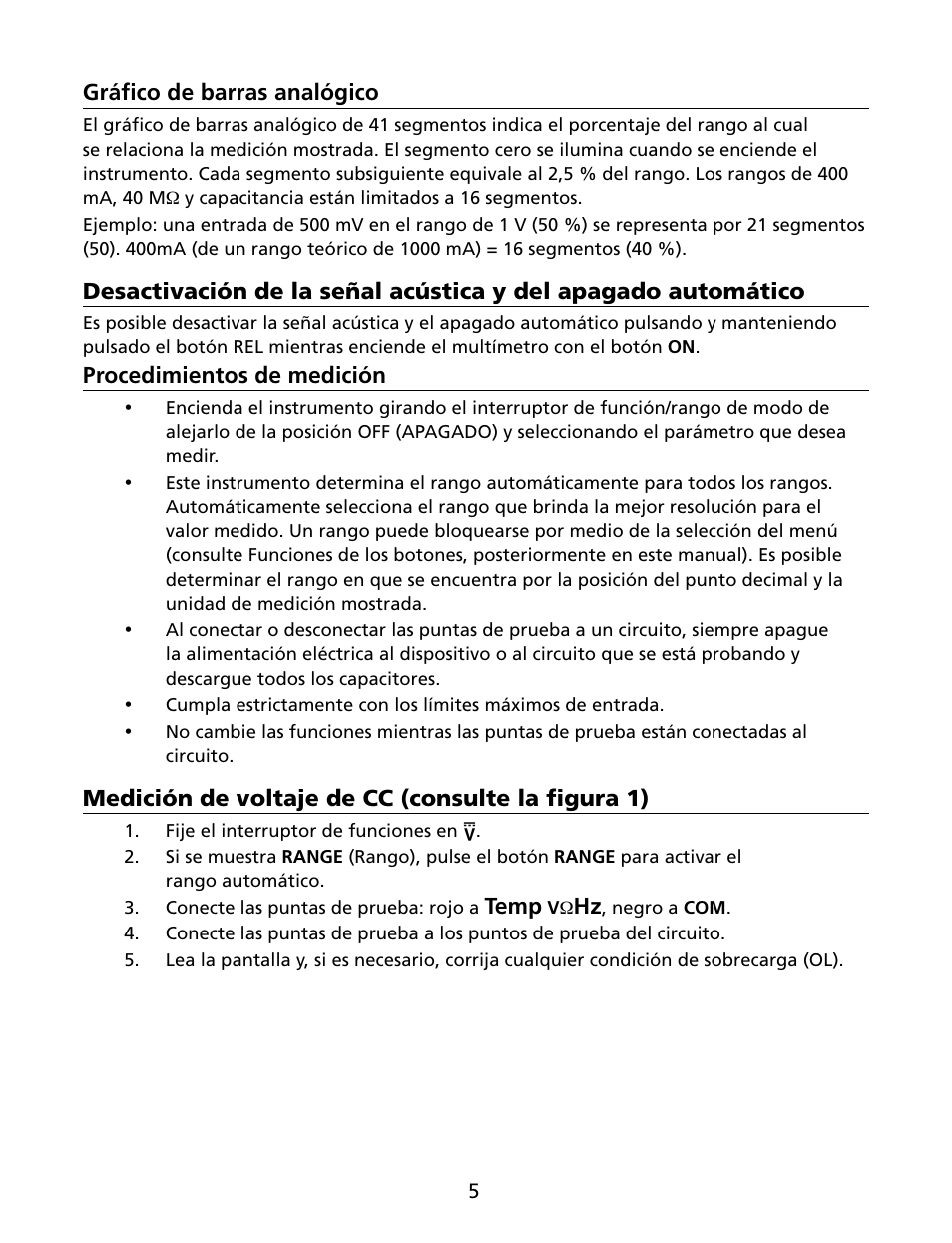 Gráfico de barras analógico, Procedimientos de medición, Medición de voltaje de cc (consulte la figura 1) | Temp | Amprobe HD160C Digital-Multimeter User Manual | Page 107 / 148