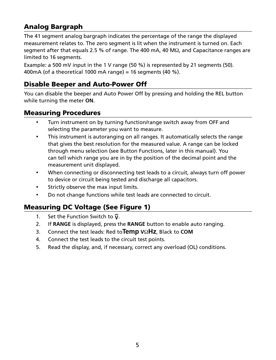 Analog bargraph, Disable beeper and auto-power off, Measuring procedures | Measuring dc voltage (see figure 1), Temp | Amprobe HD160C Digital-Multimeter User Manual | Page 11 / 148