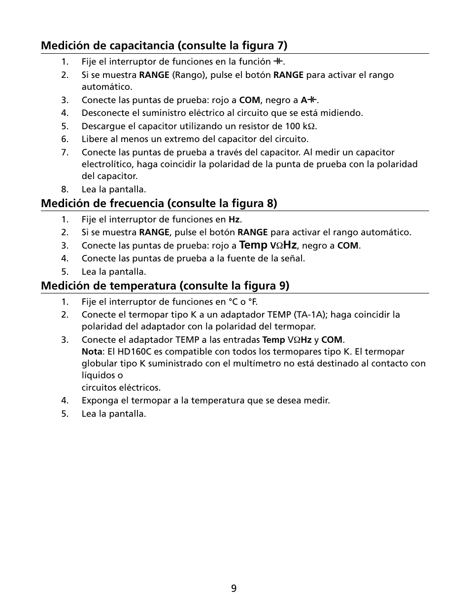 Medición de capacitancia (consulte la figura 7), Medición de frecuencia (consulte la figura 8), Temp | Medición de temperatura (consulte la figura 9) | Amprobe HD160C Digital-Multimeter User Manual | Page 111 / 148