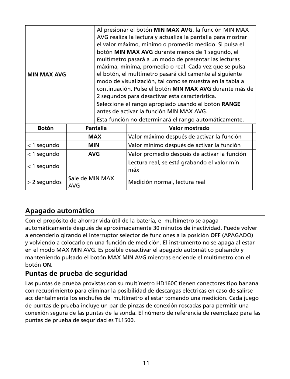 Apagado automático, Puntas de prueba de seguridad | Amprobe HD160C Digital-Multimeter User Manual | Page 113 / 148