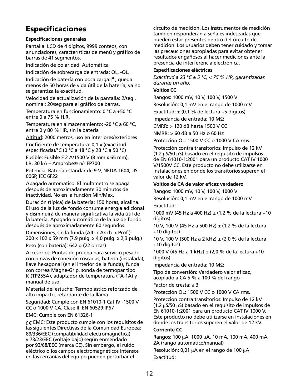 Especificaciones | Amprobe HD160C Digital-Multimeter User Manual | Page 114 / 148