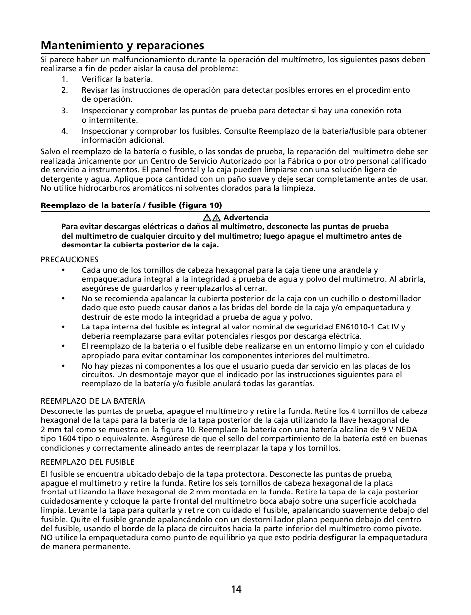 Mantenimiento y reparaciones | Amprobe HD160C Digital-Multimeter User Manual | Page 116 / 148