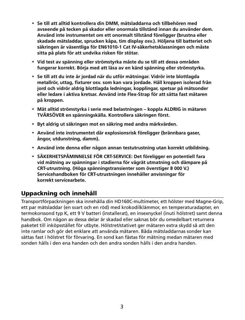 Uppackning och innehåll | Amprobe HD160C Digital-Multimeter User Manual | Page 129 / 148