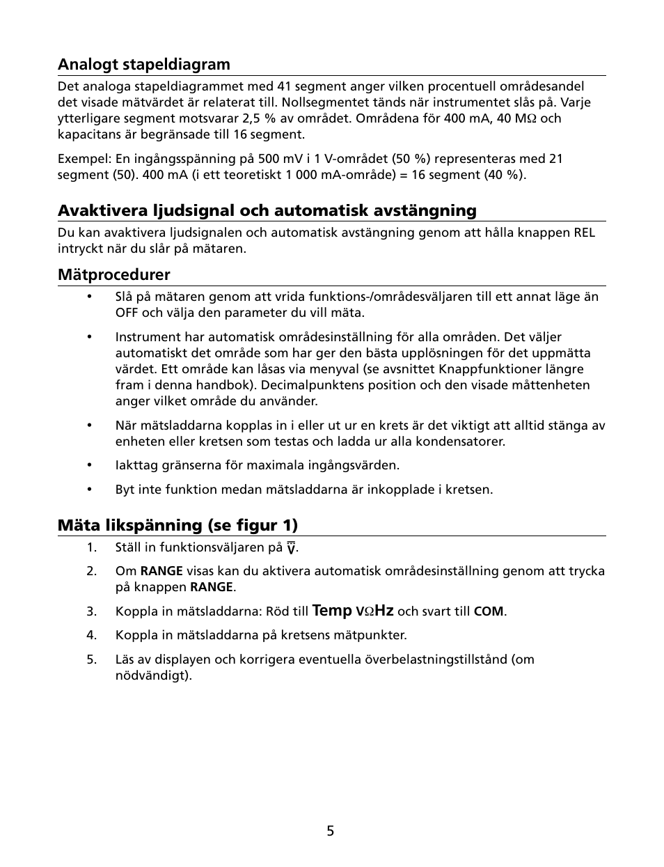 Analogt stapeldiagram, Avaktivera ljudsignal och automatisk avstängning, Mätprocedurer | Mäta likspänning (se figur 1), Temp | Amprobe HD160C Digital-Multimeter User Manual | Page 131 / 148