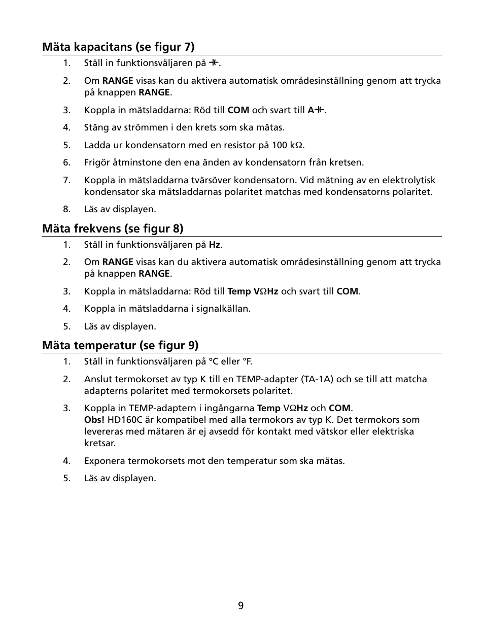 Mäta kapacitans (se figur 7), Mäta frekvens (se figur 8), Mäta temperatur (se figur 9) | Amprobe HD160C Digital-Multimeter User Manual | Page 135 / 148