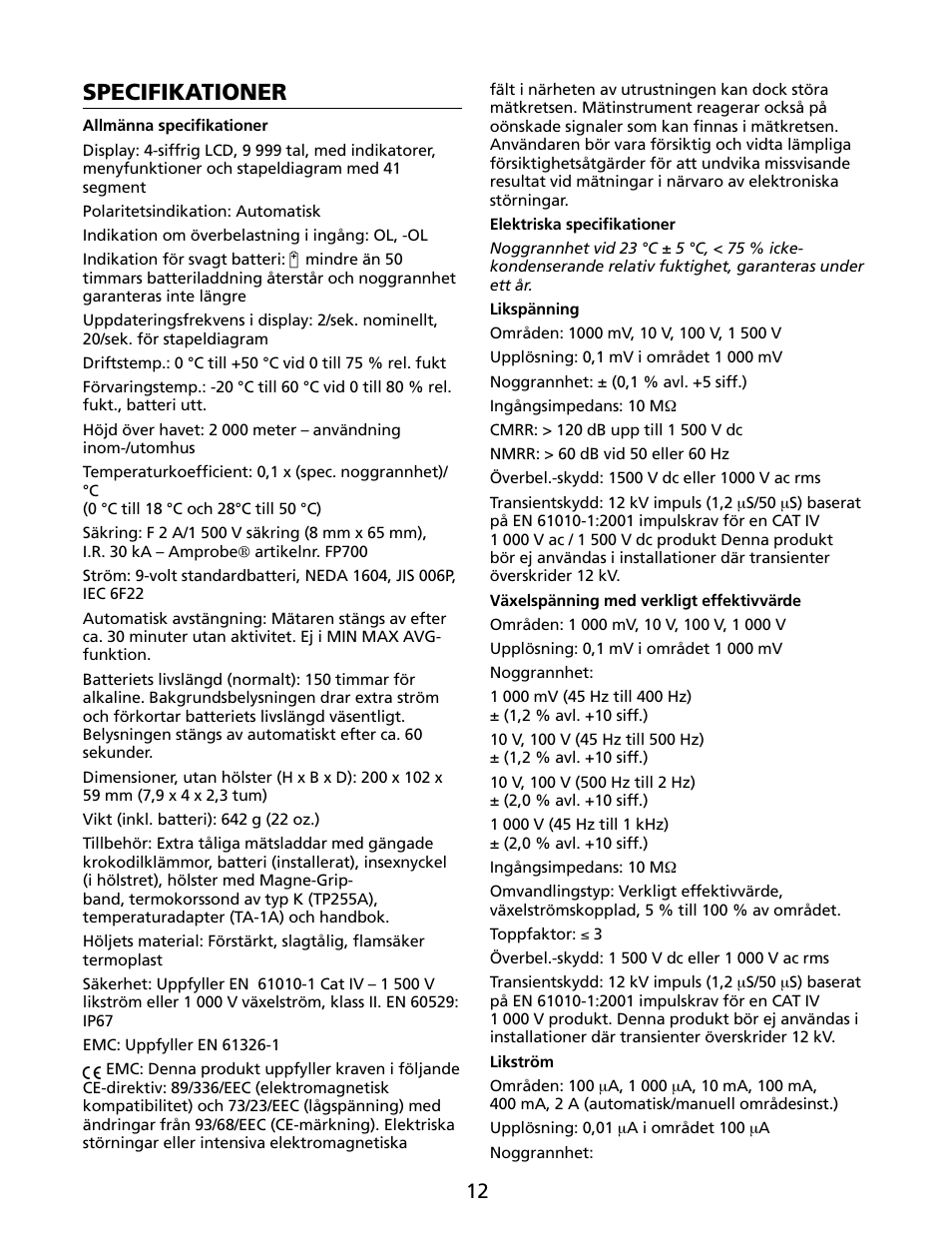Specifikationer | Amprobe HD160C Digital-Multimeter User Manual | Page 138 / 148