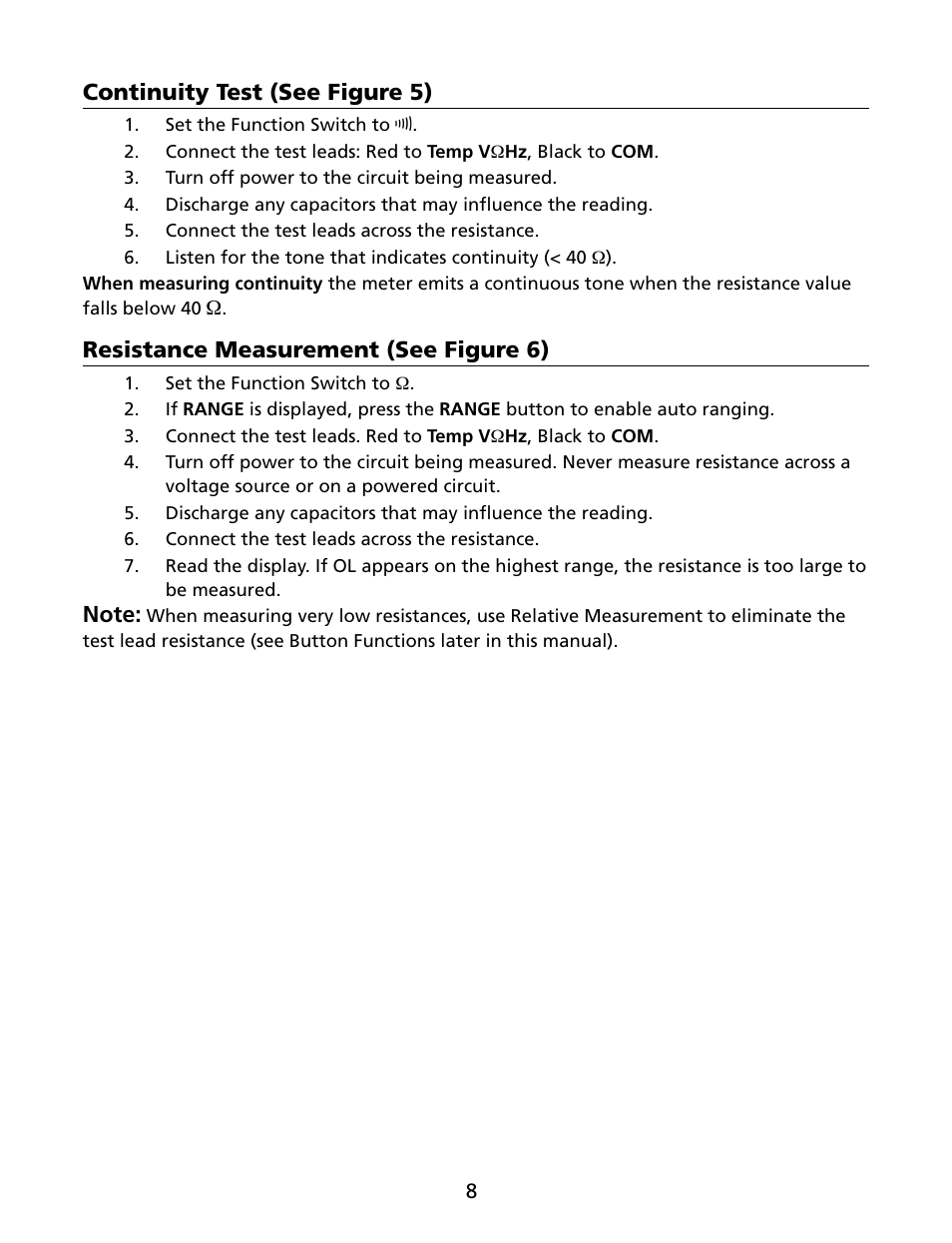 Continuity test (see figure 5), Resistance measurement (see figure 6) | Amprobe HD160C Digital-Multimeter User Manual | Page 14 / 148