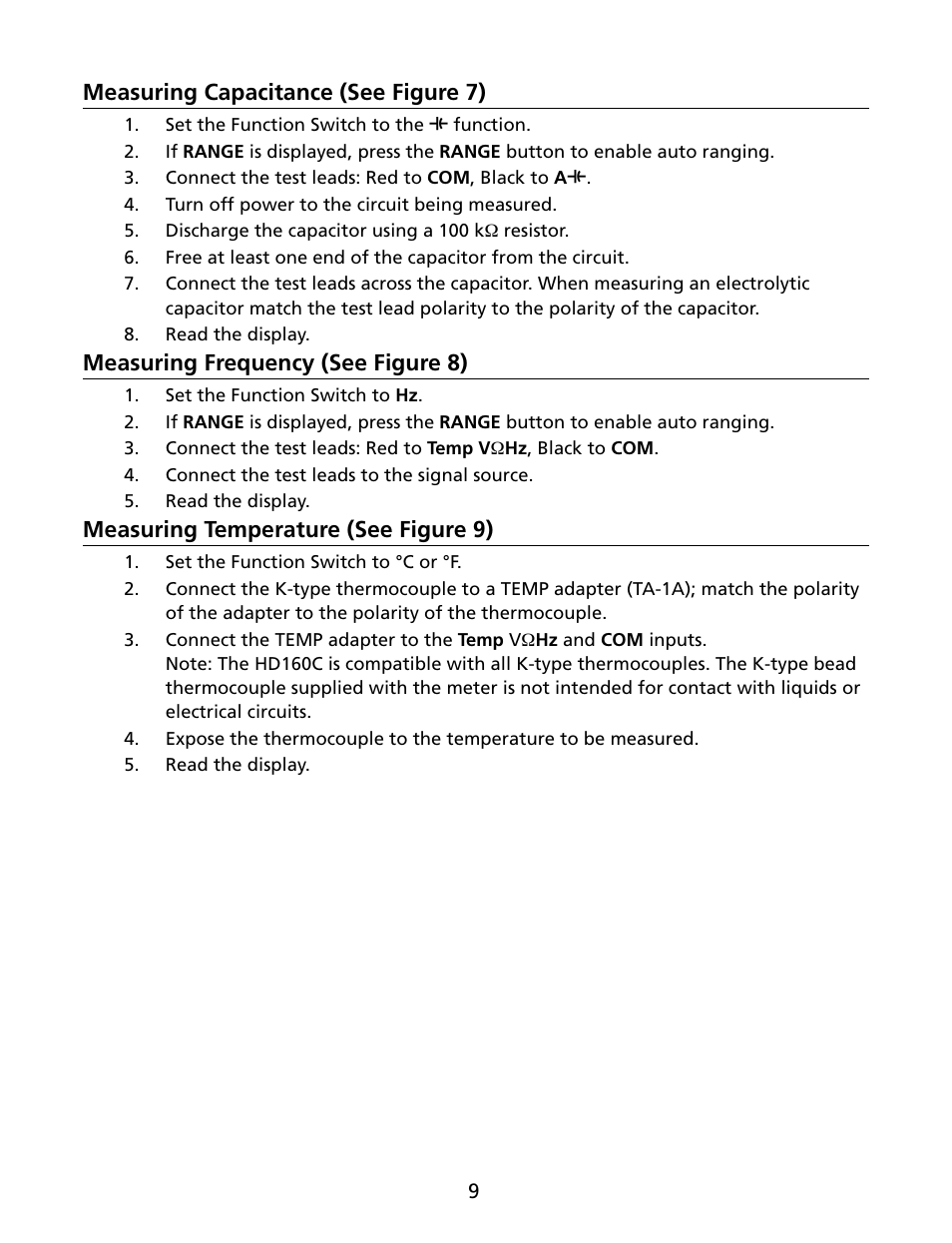 Measuring capacitance (see figure 7), Measuring frequency (see figure 8), Measuring temperature (see figure 9) | Amprobe HD160C Digital-Multimeter User Manual | Page 15 / 148