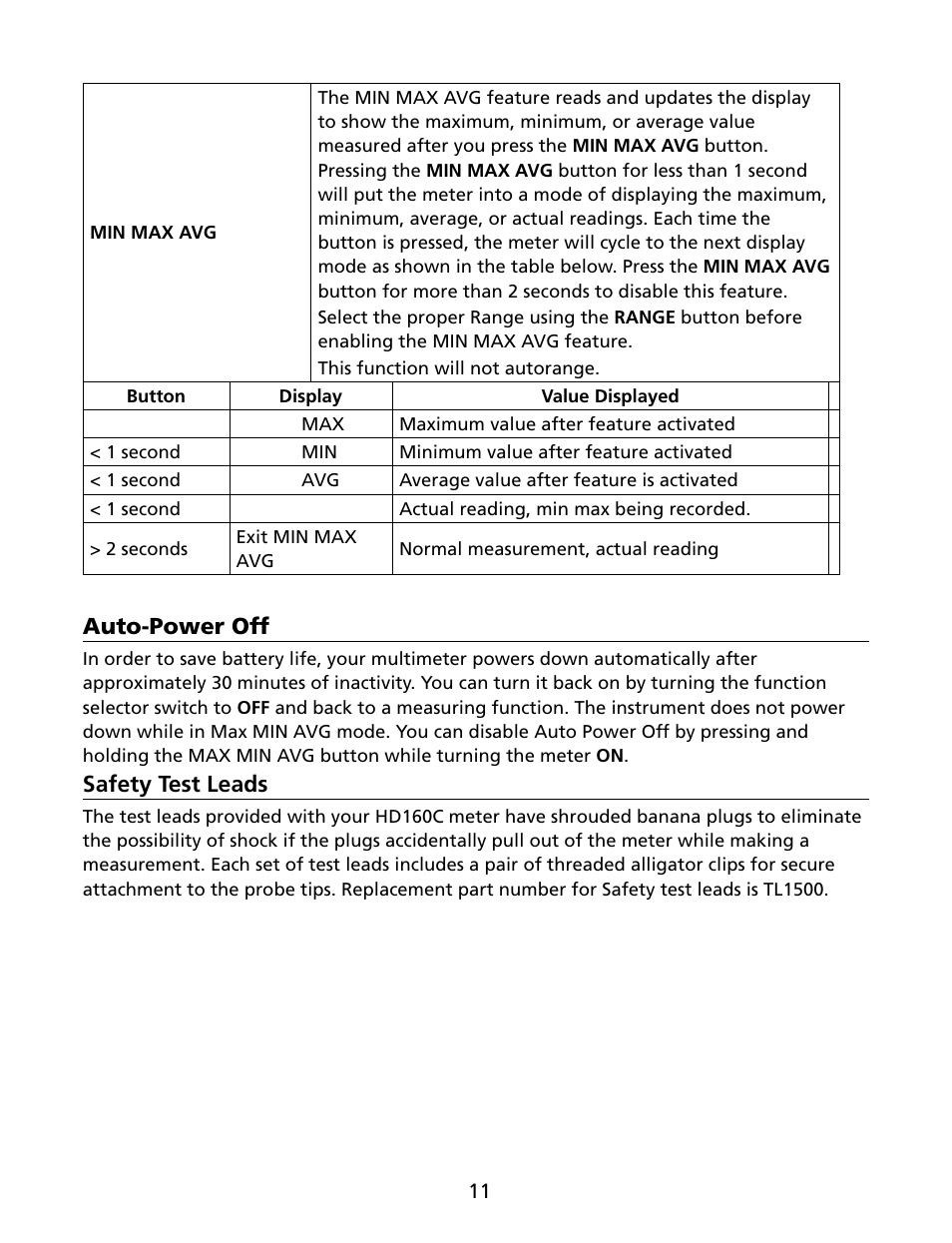 Auto-power off, Safety test leads | Amprobe HD160C Digital-Multimeter User Manual | Page 17 / 148