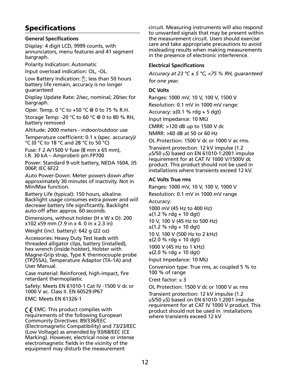 Specifications | Amprobe HD160C Digital-Multimeter User Manual | Page 18 / 148