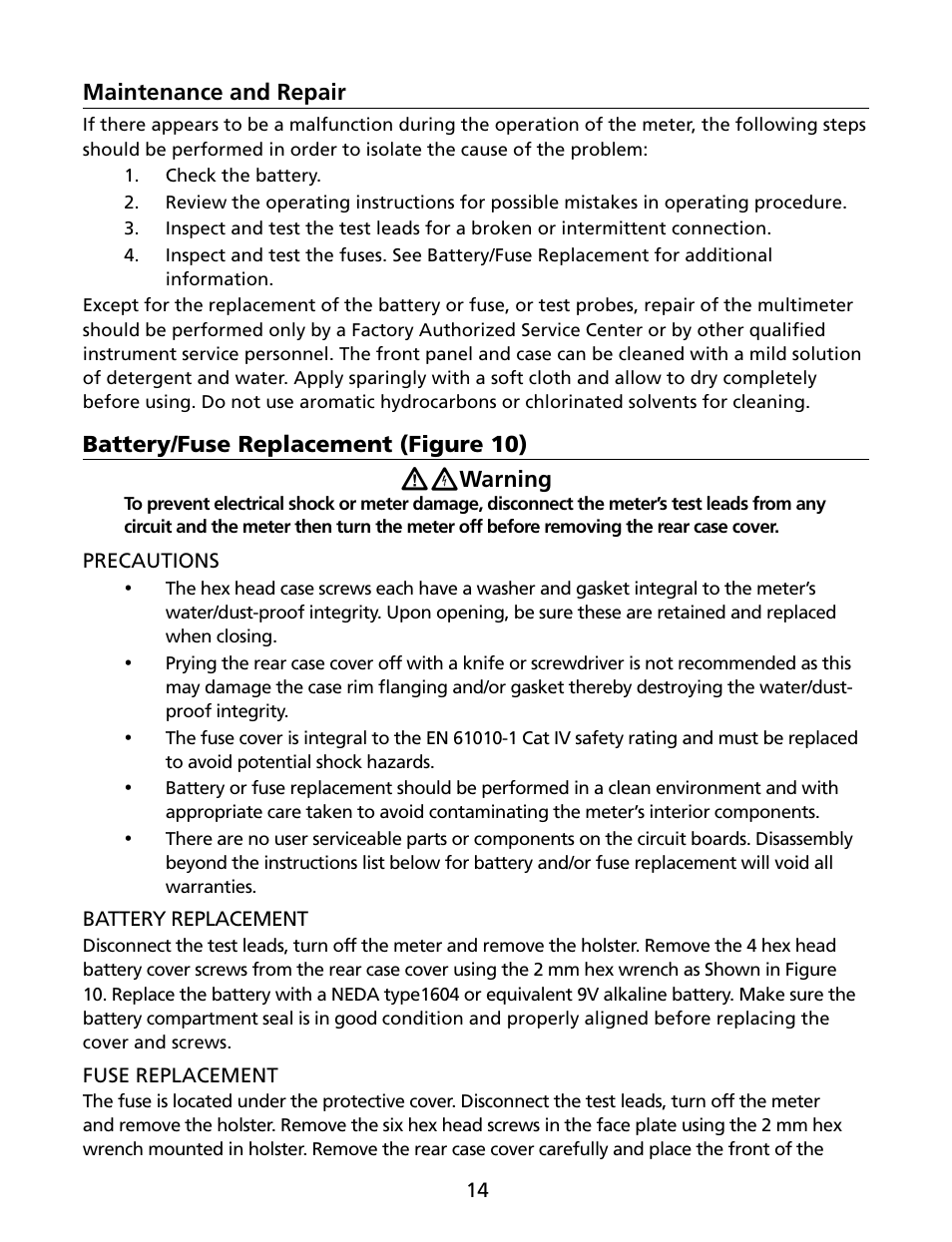 Maintenance and repair, Battery/fuse replacement (figure 10), Warning | Amprobe HD160C Digital-Multimeter User Manual | Page 20 / 148