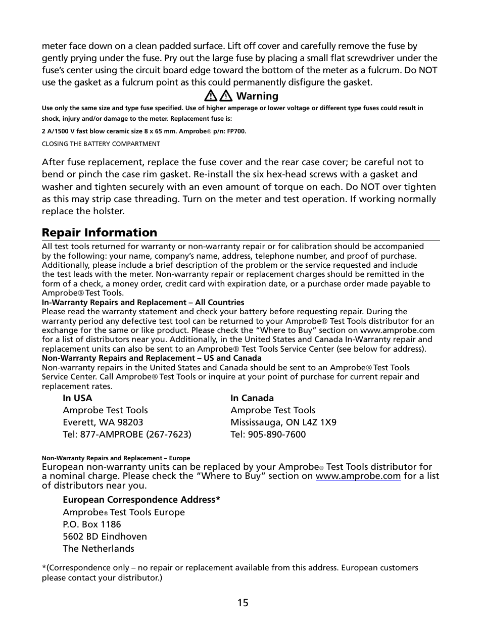 Repair information, Warning | Amprobe HD160C Digital-Multimeter User Manual | Page 21 / 148